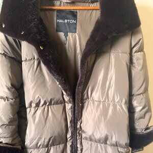 Halston Heritage Women's Taupe Puffer Jacket with Dark Brown Faux Fur Size L